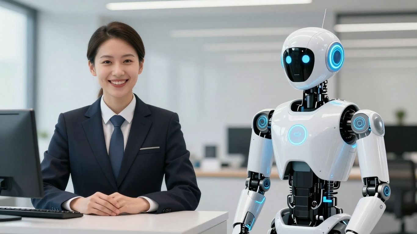 AI receptionist robot and human receptionist side-by-side.