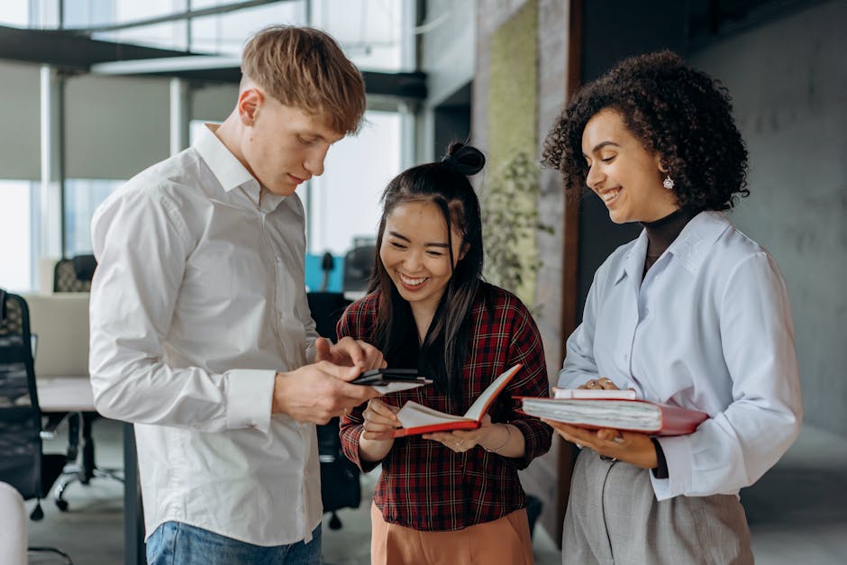 An illustration showing a friendly AI receptionist assisting a diverse group of small business owners with various tasks, showcasing an engaging workspace.