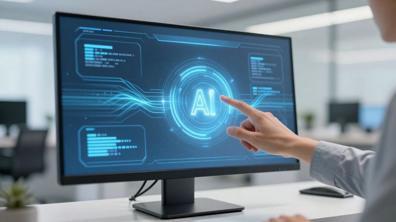 AI receptionist interface on a futuristic monitor.