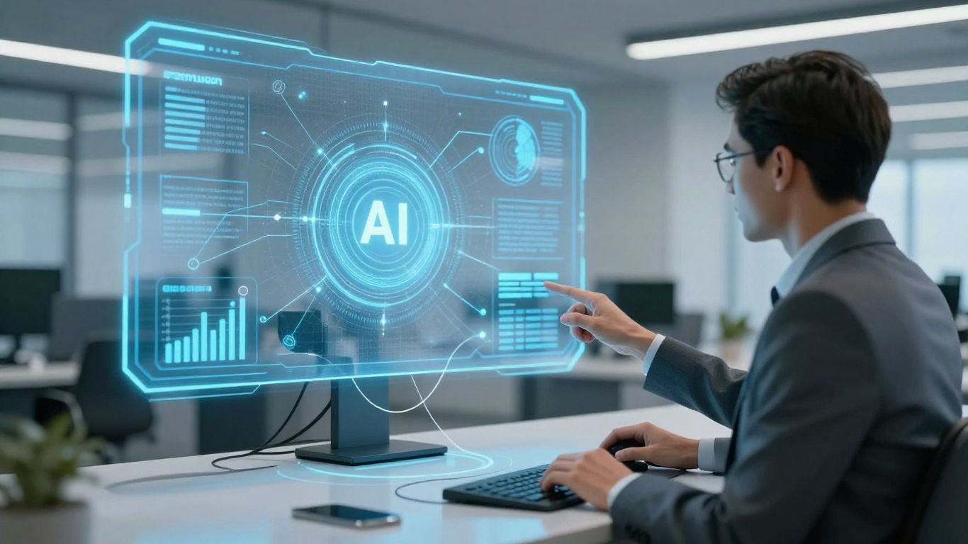 AI receptionist interacting with a client in a futuristic office.