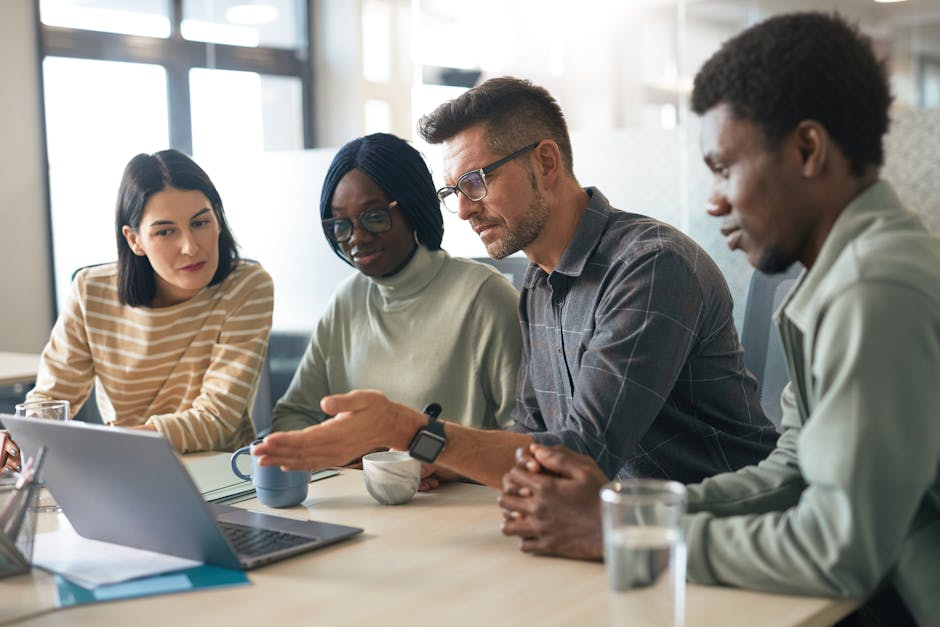 A futuristic workspace featuring a diverse group of employees using advanced AI tools to engage with customers, showing a seamless blend of technology and human interaction.