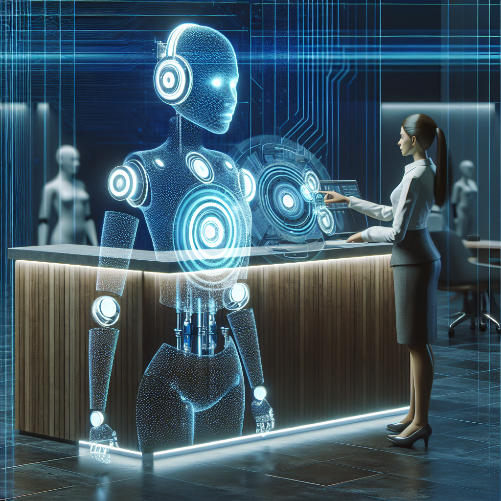 An illustration depicting AI technologies in business communication, featuring virtual receptionists and call automation systems.