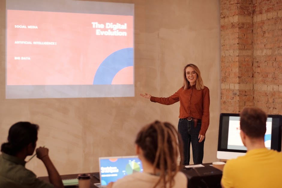 A professional team meeting discussing the integration of AI technology in business communication, with visual aids highlighting AI benefits.