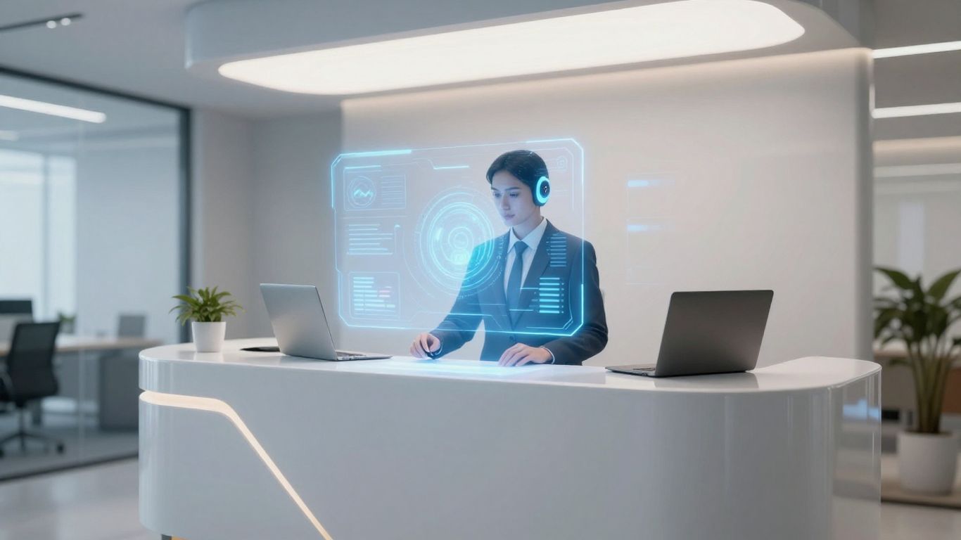 AI receptionist assisting a financial advisor in an office.