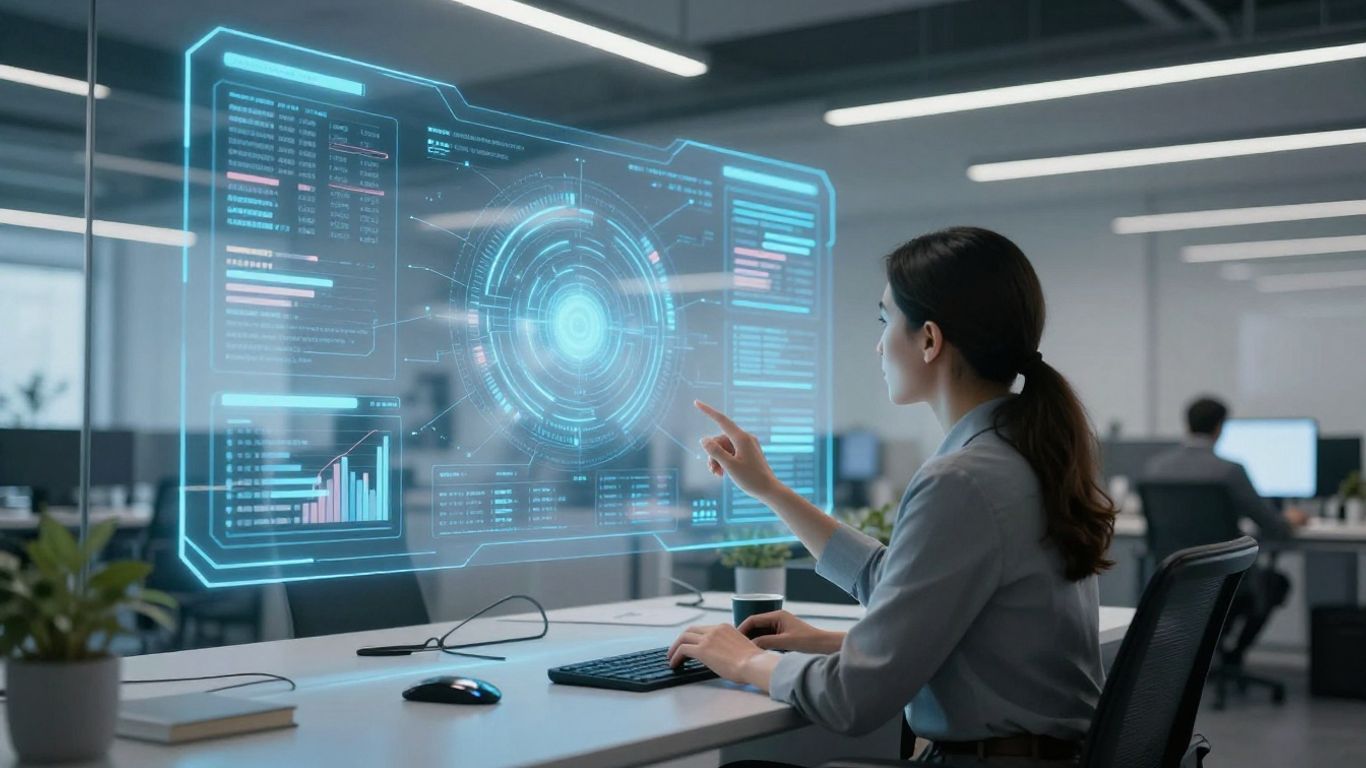 Financial advisor using AI interface in office.