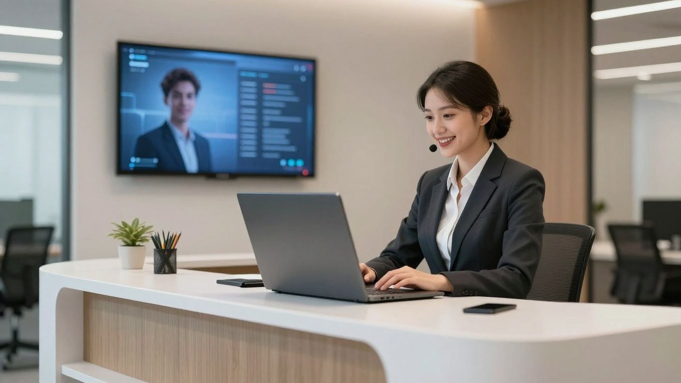 AnswerConnect virtual receptionist assisting a visitor in an office.