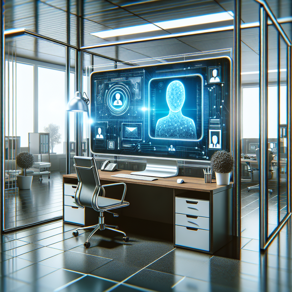 A modern office setup featuring a virtual receptionist interface displayed on a computer screen.