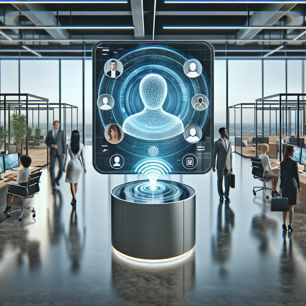 An image depicting a modern office environment with virtual receptionist technology in use.