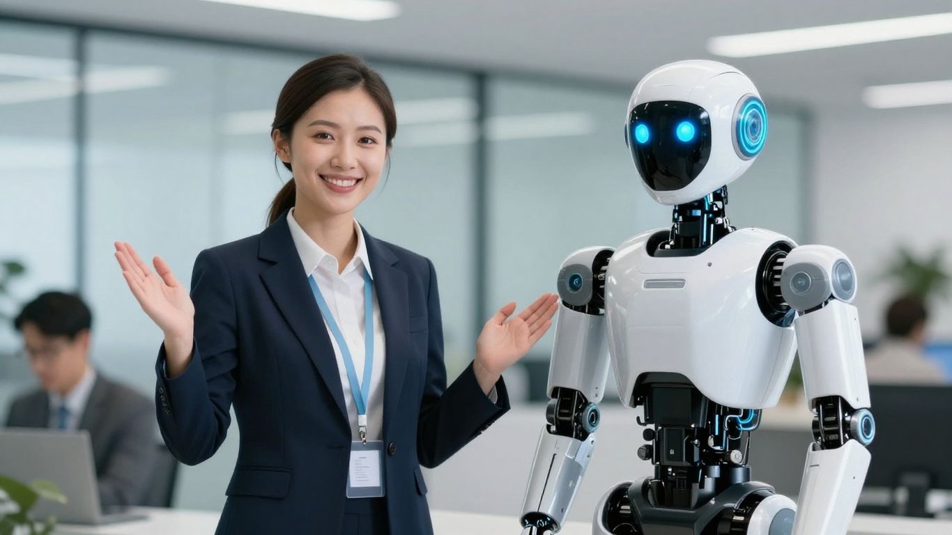 Human receptionist and AI robot side-by-side in office.
