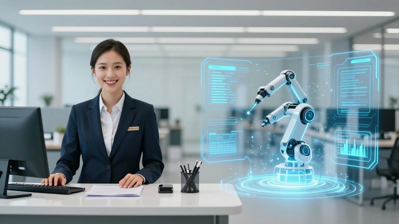 AI and human receptionist comparison in a modern office.