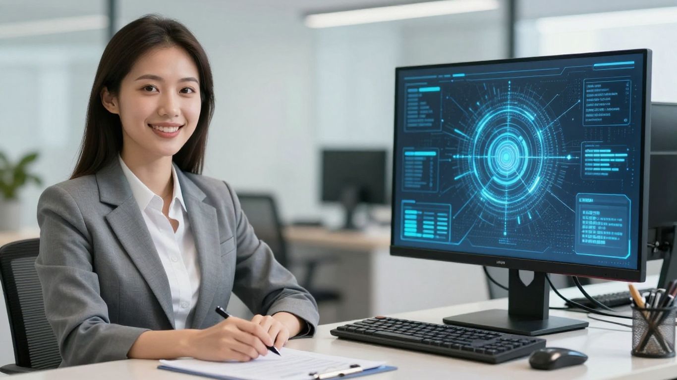 AI and human receptionist comparison in a modern office.