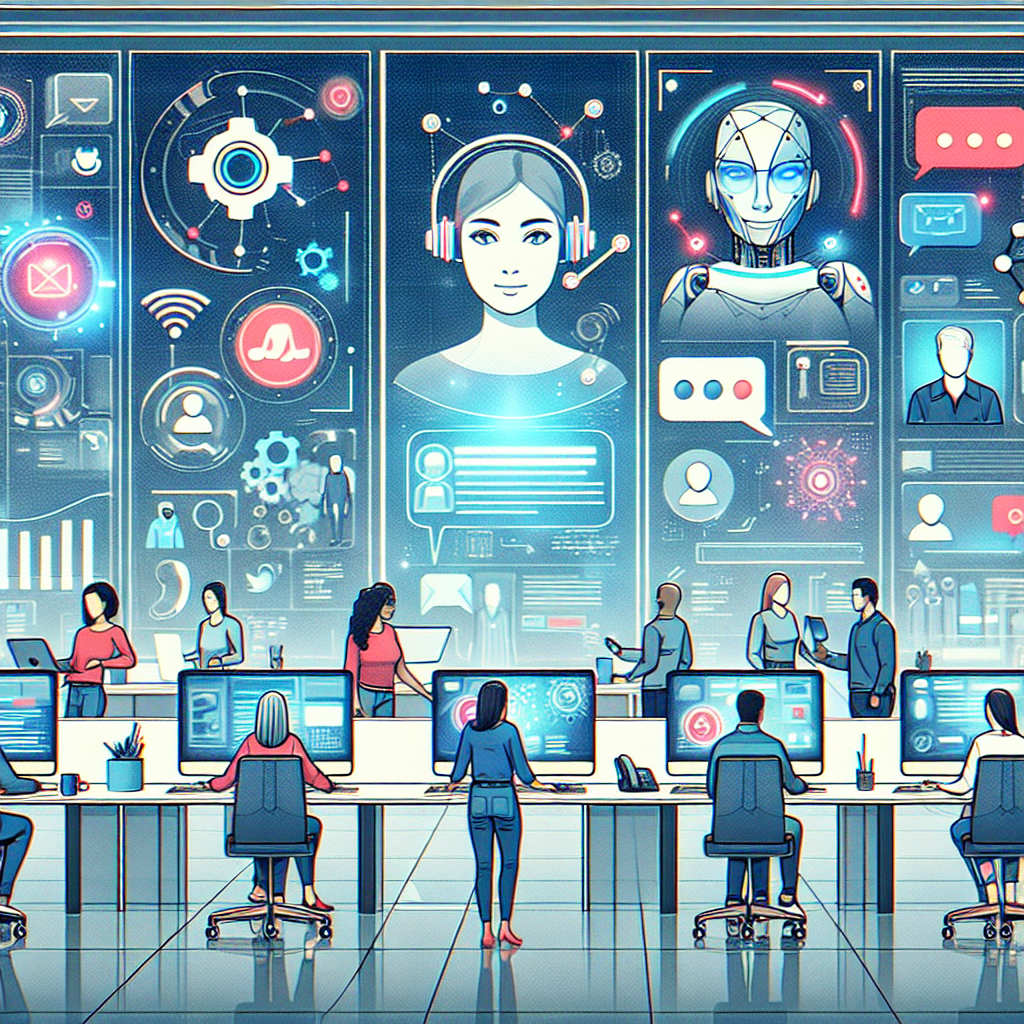 A modern office setting with a team using AI tools for managing customer interactions.