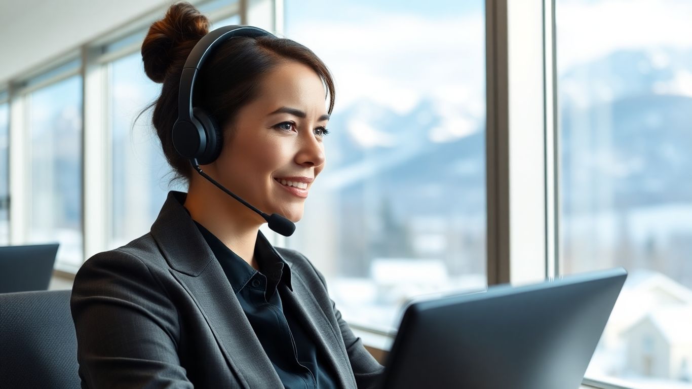 Call center agent with Alaska mountains background
