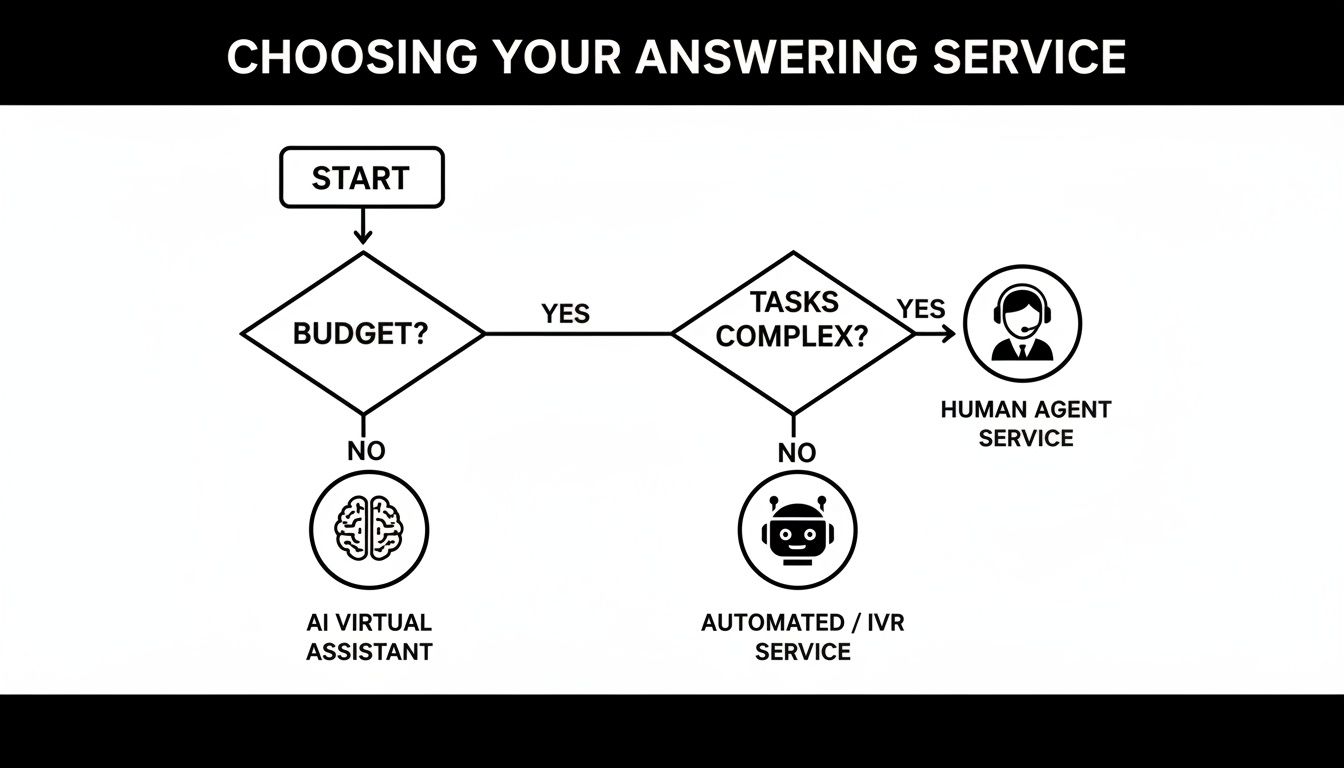 Flowchart illustrating how to choose an answering service: AI virtual assistant, automated, or human agent.
