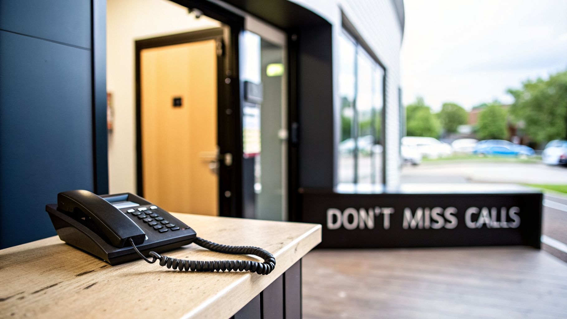 A black desk phone on a wooden counter with an office entrance and 'Don't Miss Calls' sign.