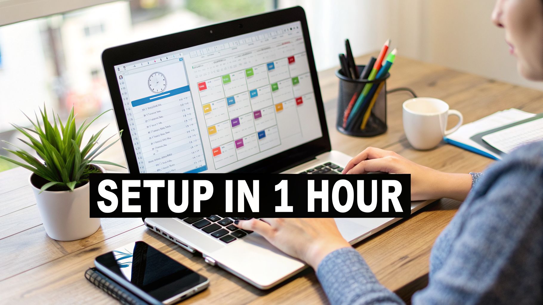 A person works on a laptop displaying a calendar app, surrounded by office items, with text 'SETUP IN 1 HOUR'.