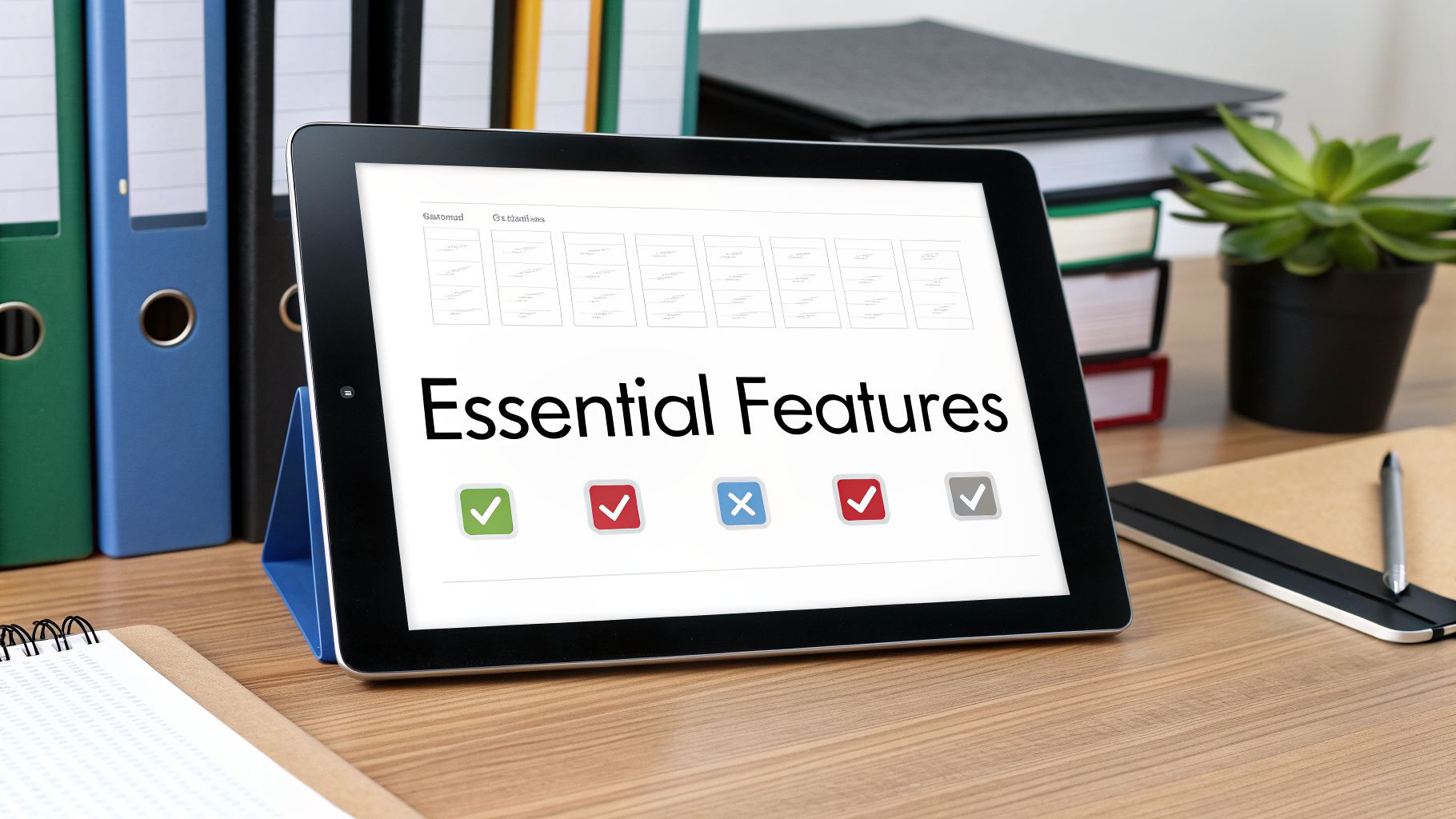 A tablet on a wooden desk displays 'Essential Features' with various checkmarks, surrounded by office supplies.