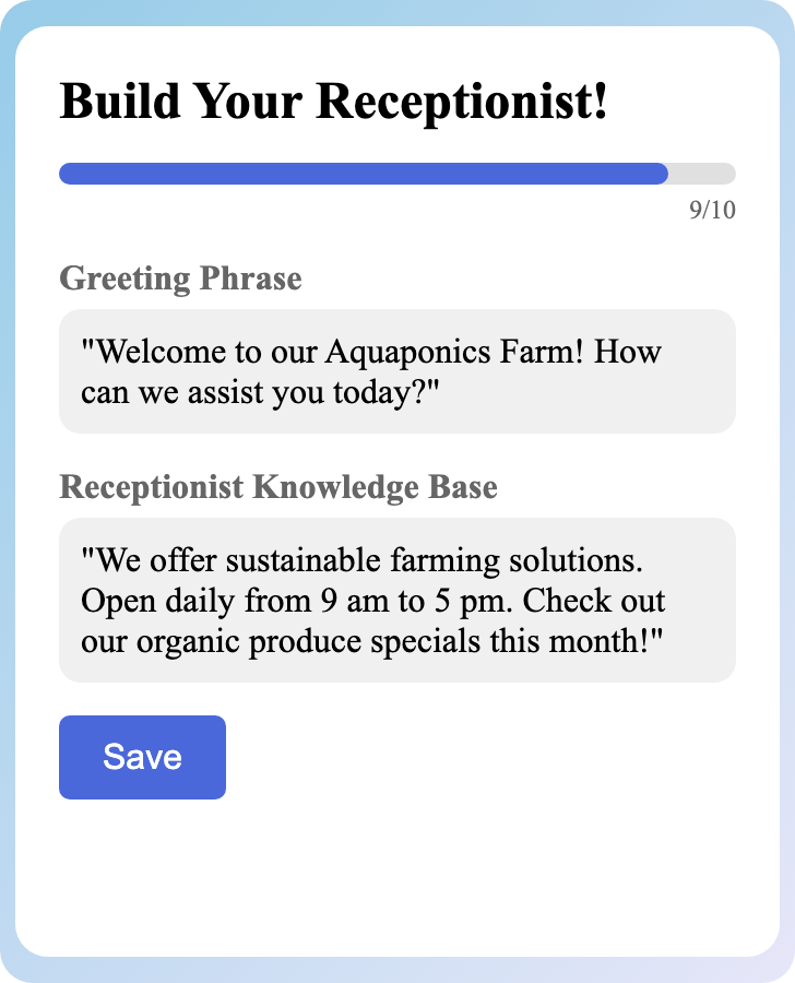 Sample receptionist setup for Aquaponics Farm