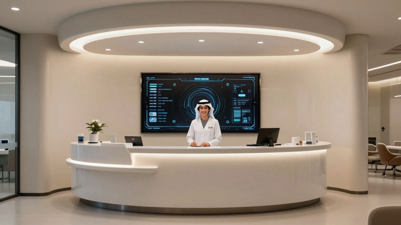 AI dental receptionist interface in a modern office.