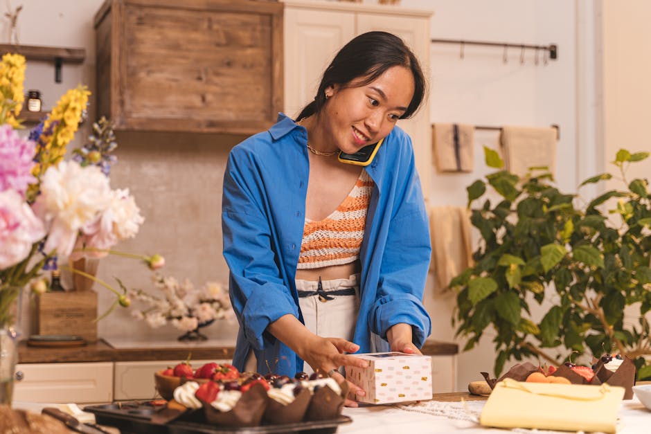 A warm and inviting bakery setting with a phone agent interacting with a customer over the phone, showcasing pastries in the background.