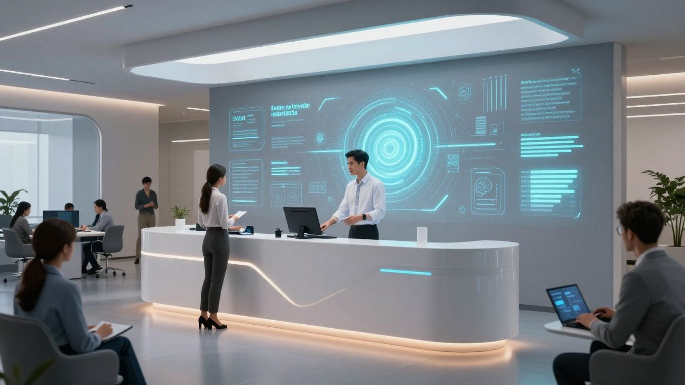 AI receptionist assisting diverse people in multiple languages.
