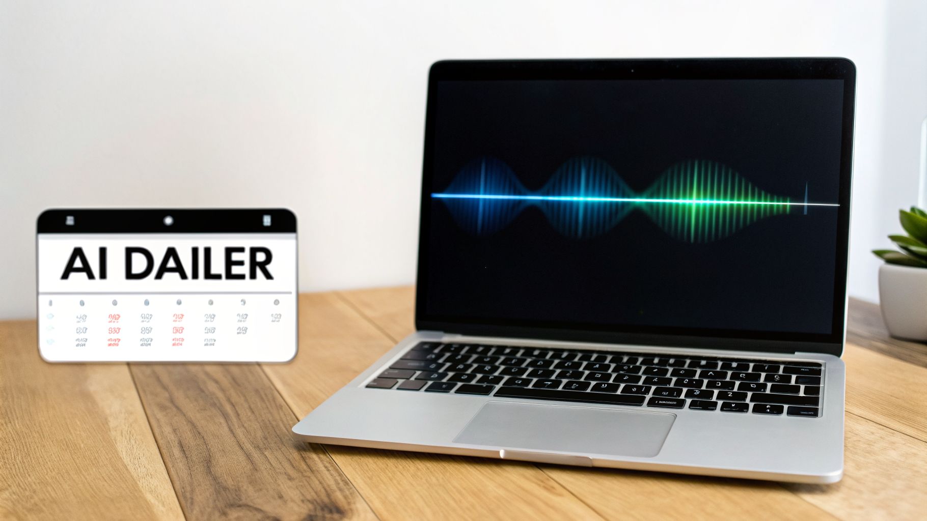 A laptop displaying sound waves sits on a wooden desk next to an 'AI DAILER' calendar.