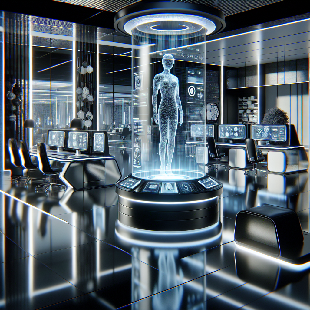 A sleek, modern office environment featuring a virtual phone receptionist interface