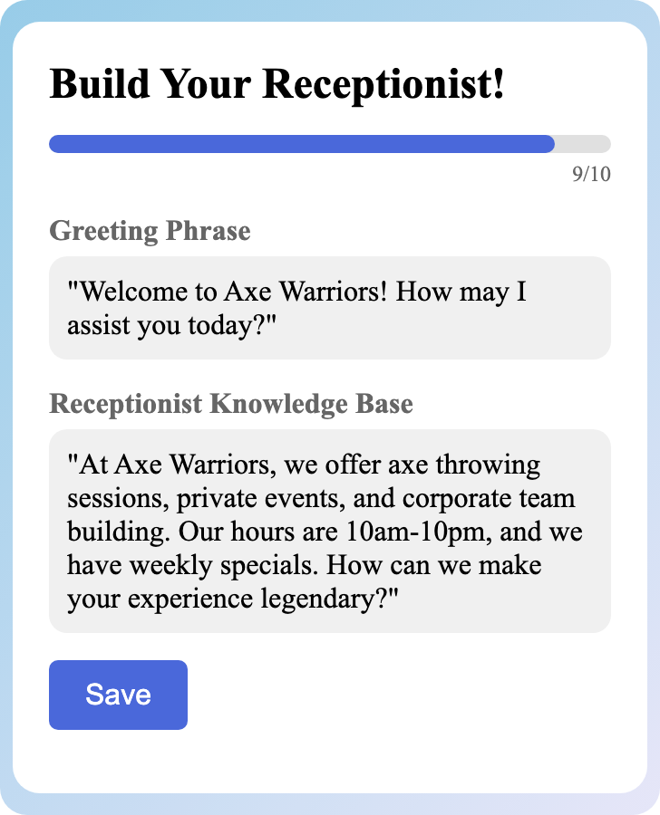 Sample receptionist setup for Axe Throwing Venue
