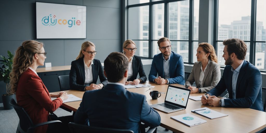 Diverse team discussing AI tools in office.