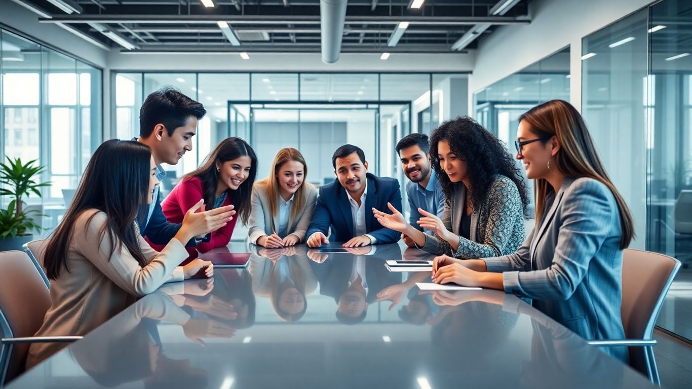 Team collaborating with futuristic AI interfaces.