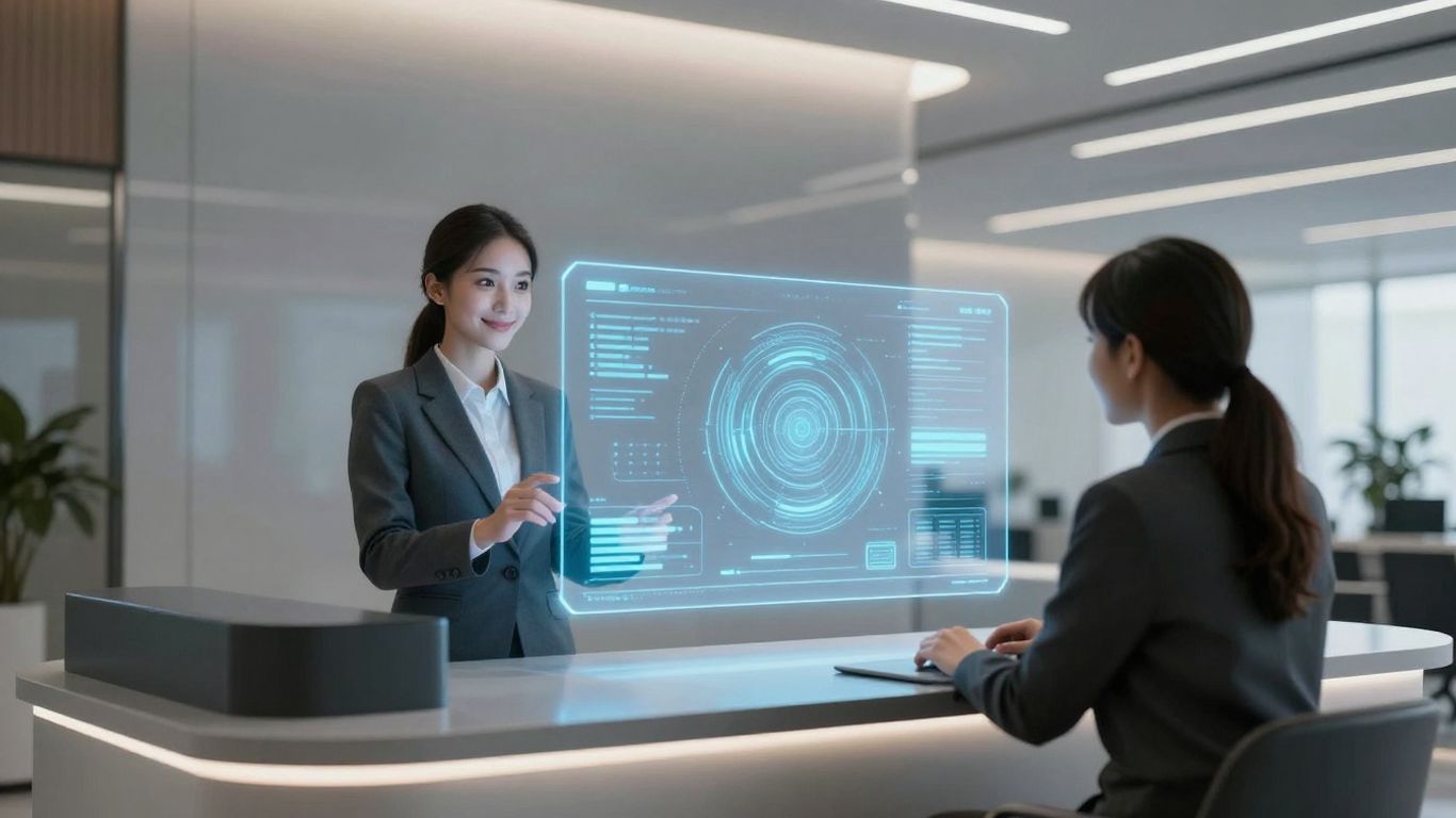AI receptionist interacting with a visitor in an office.