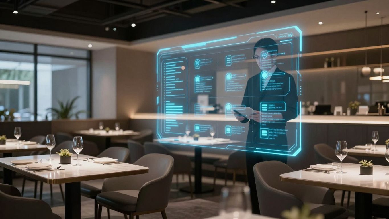 Restaurant AI interface with glowing data points.