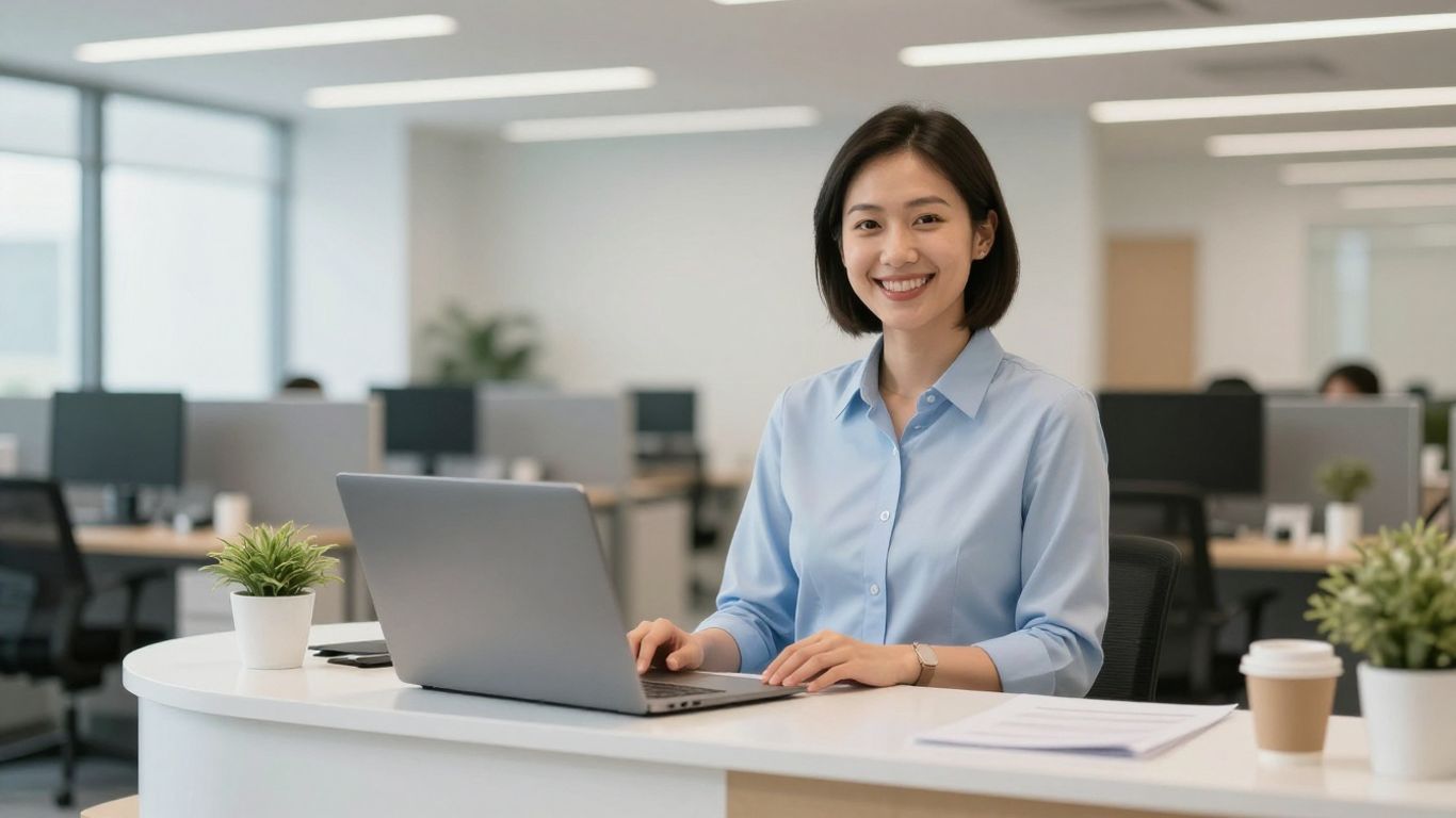 Ruby AI receptionist in a modern office setting.