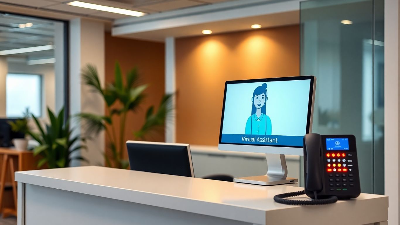 Virtual receptionist at modern office front desk with computer