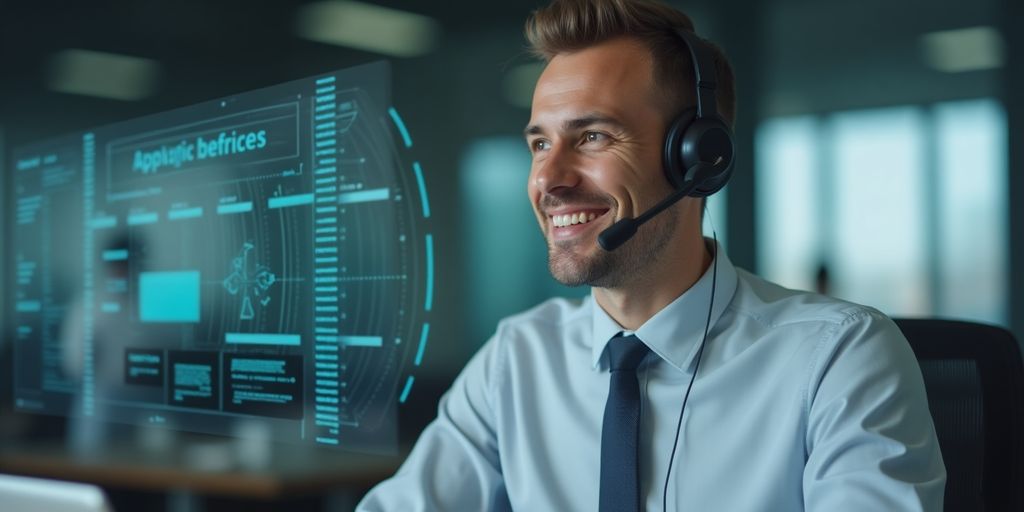 Businessperson talking on phone with AI voice technology.