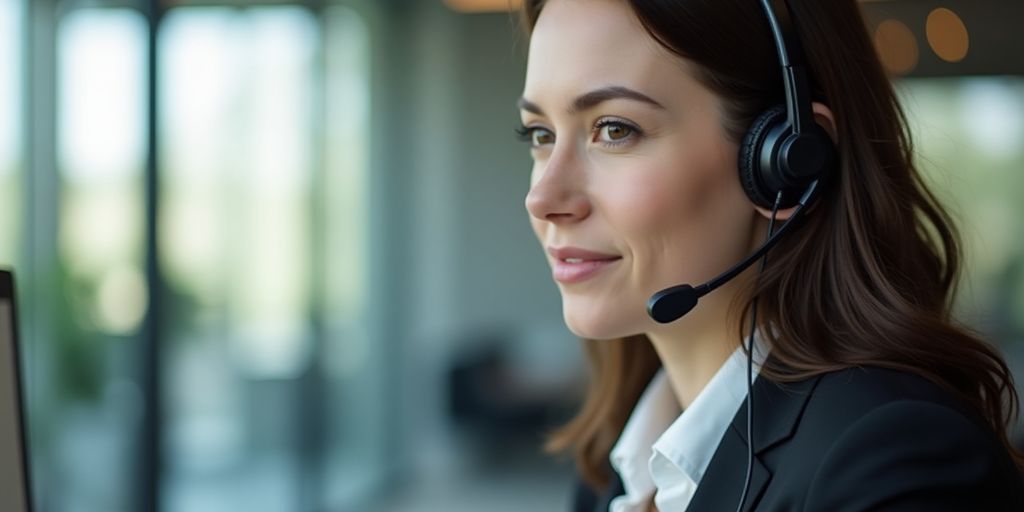 Person on business call wearing a headset in office.
