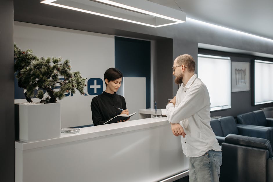 Illustration of a modern AI receptionist interacting seamlessly with clients, set in a contemporary office environment.