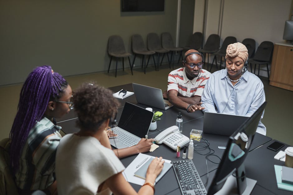 A vibrant illustration showing a team collaborating over a digital conference call while AI elements are enhancing their productivity.