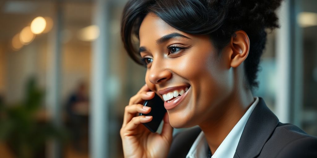 Business professional on a phone call, smiling in office.