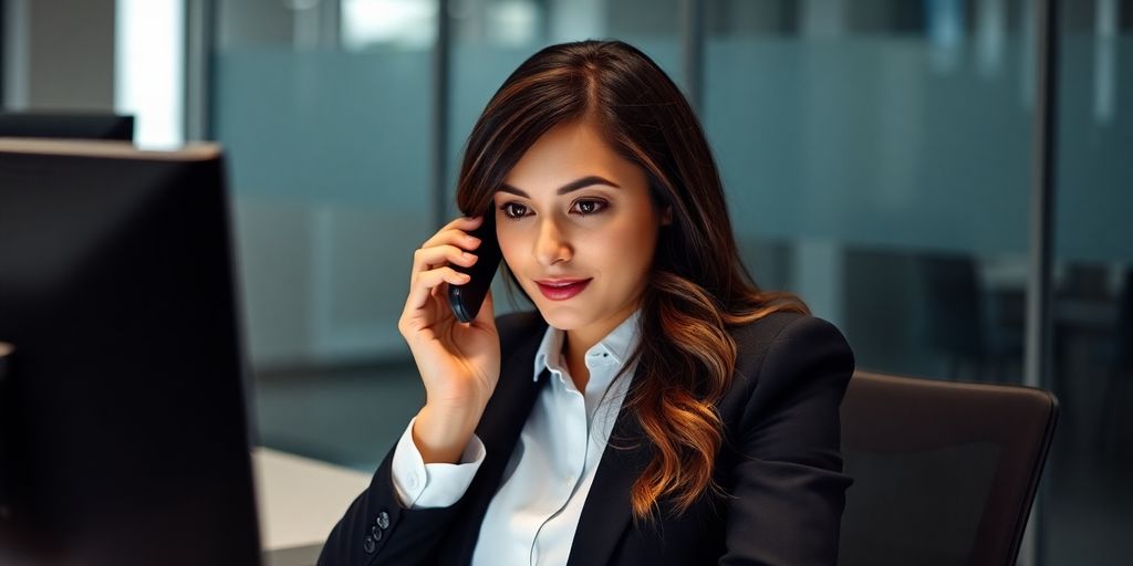 Salesperson on a call in a modern office setting.