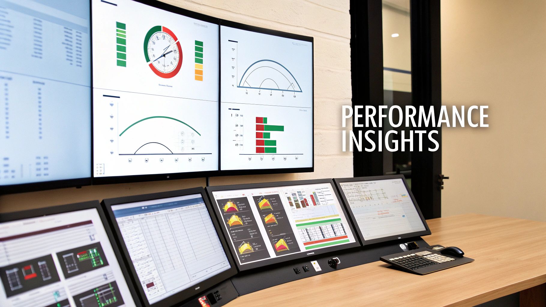 Modern control room with multiple screens displaying performance insights, data dashboards, and analytics.