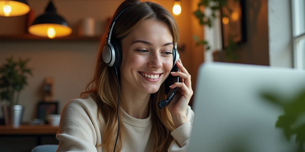 Customer service rep smiling on phone in cozy office.