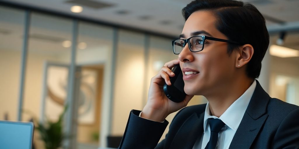 Businessperson making a phone call in a modern office.