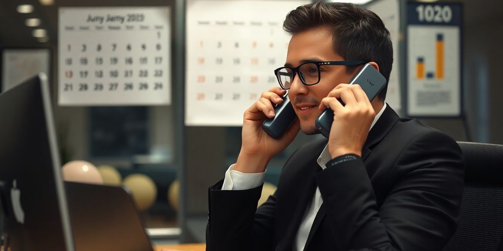 Business person on phone in a productive office setting.