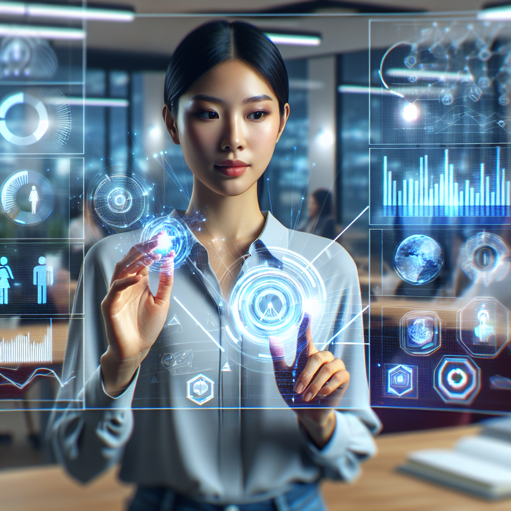 An image depicting a virtual receptionist working with digital marketing graphics.
