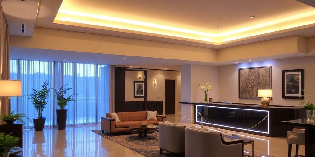 Elegant hotel reception area with comfortable seating.