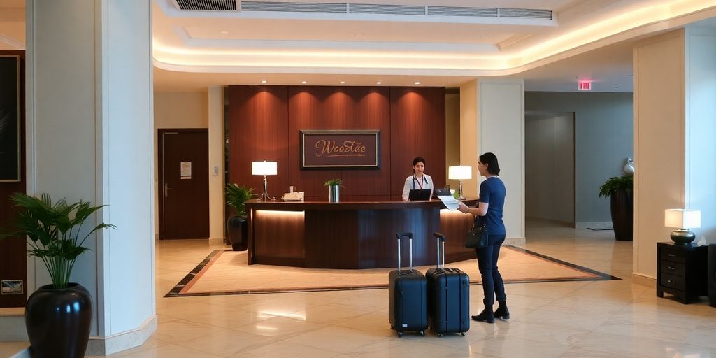 Hotel lobby with reception desk and welcoming staff.