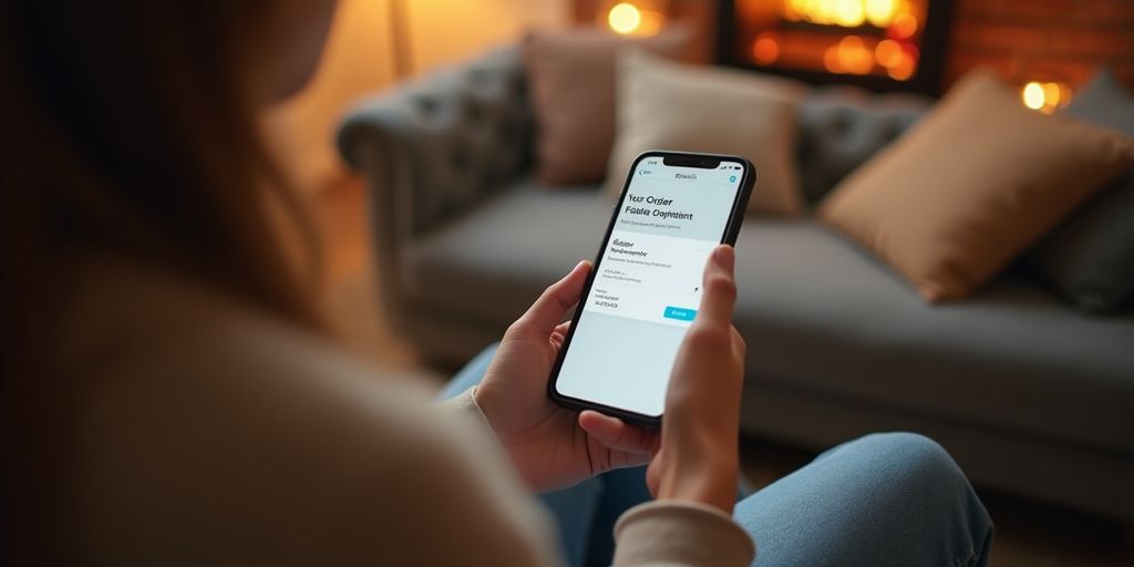 Person with mobile device showing order confirmation screen.
