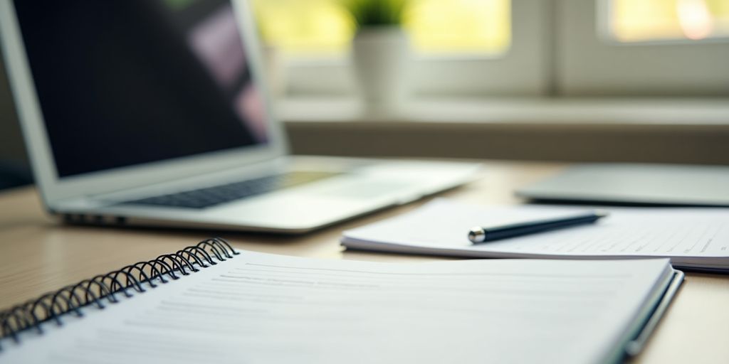 A workspace with a laptop and notebook on a desk.