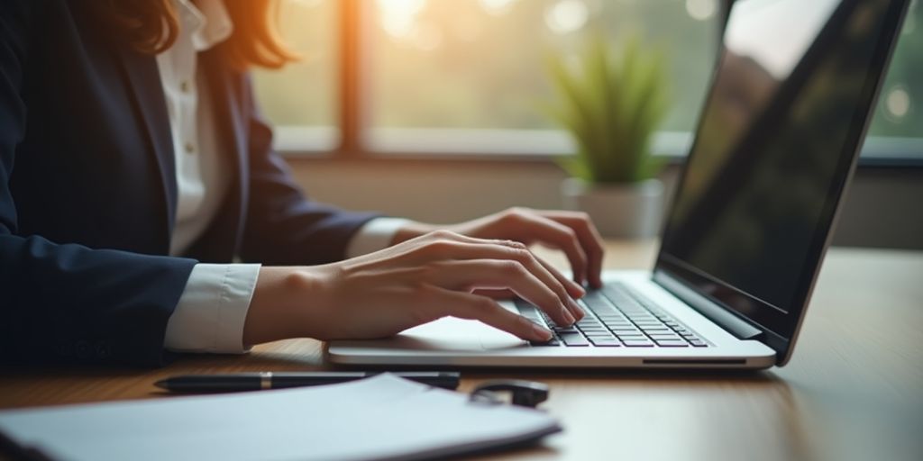 Person using a laptop in a cozy workspace.